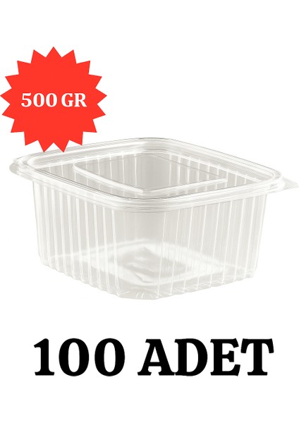 Sızdırmaz, Düz Kapaklı, Şeffaf Plastik Kap – 500 cc Kapasiteli, 100 Adet, Gıda Saklama ve Servis Kabı