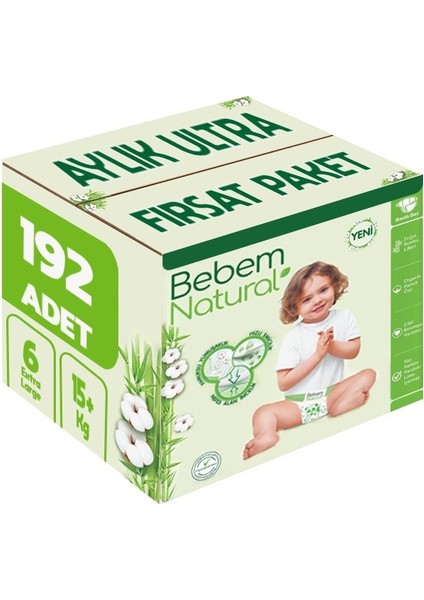 Bebem Bebek Bezi Natural Beden:6 (15+Kg) Extra Large 192 Adet Aylık Ultra Fırsat Pk