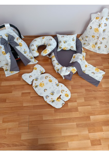 Arılı Antrasit Oval Yataklı 7 Parça Babynest Seti