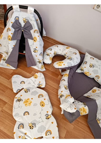 Arılı Antrasit Oval Yataklı 7 Parça Babynest Seti modelleri