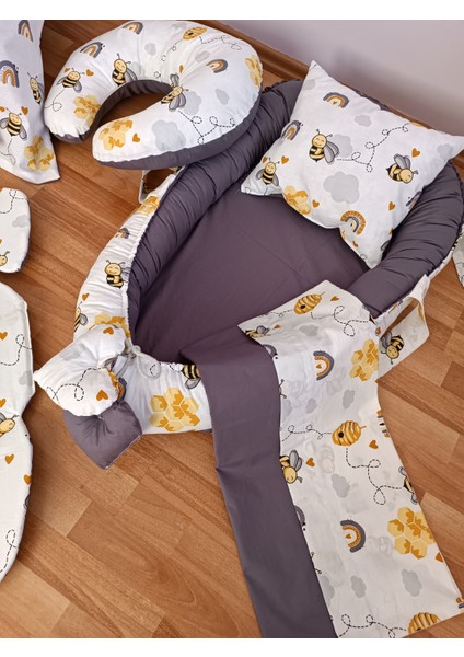 Arılı Antrasit Oval Yataklı 7 Parça Babynest Seti