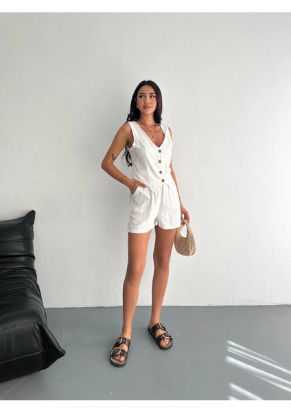 Kadın Keten Şort Yelek Takım S3461