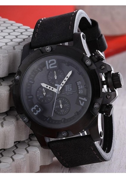 Erkek Kol Saati – Siyah Büyük Kasa – Siyah Deri Kordon – Kronograf & Takvim – Su Geçirmez