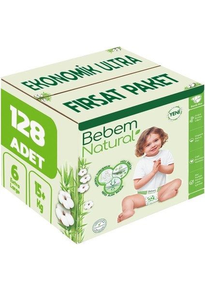 Bebem Bebek Bezi Natural Beden:6 (15+Kg) Extra Large 128 Adet Ekonomik Ultra Fırsat Pk