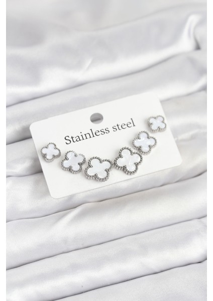 316L Çelik Gümüş Beyaz Renk 3 Boy Yonca Küpe Seti - TJ-BKP11236