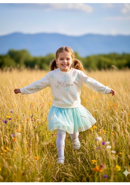 Kız Çocuk Tütü Etekli Payet Işlemeli Kurdele Baskılı %100 Pamuk Yeşil Astarlı Elbise