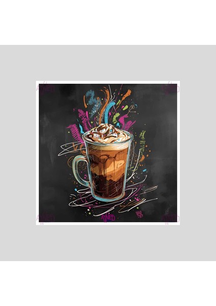 Renkli Karatahta Stilinde Latte ve Krema Illüstrasyonlu Dekoratif Alüminyum Duvar Panosu