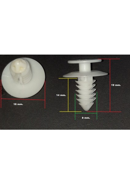 Klıps Döşeme-Kaplama Dübeli Boy:19 Mm.şapka:16 Mm.tutucu Boy:14 Mm.tutucu Kalınlık:8 Mm.