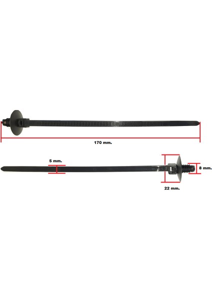 Klıps Dubellı Plastık Kelepce BOY:170 Mm.dubel Kalınlık:8 Mm.sapka:22 Mm.kelepce Kalınlık:5 Mm.