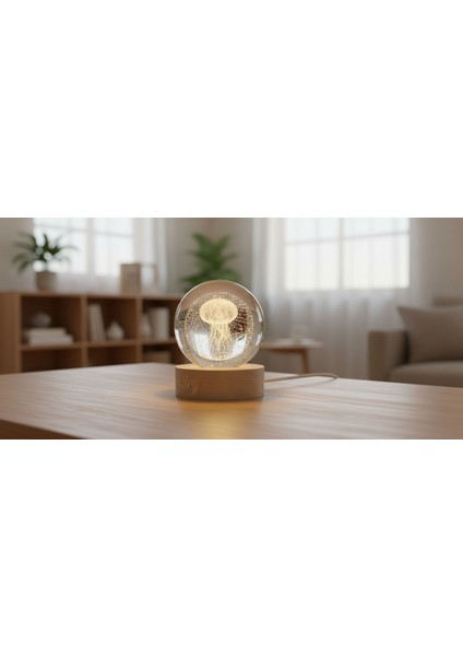 3D LED Deniz Anası Kristal Küre – Sarı Işıklı, Dekoratif ve Hediyelik Ürün