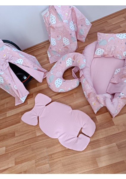 Pembe Bulutlu Düz Pudra Oval Yataklı 7 Parça Babynest Seti
