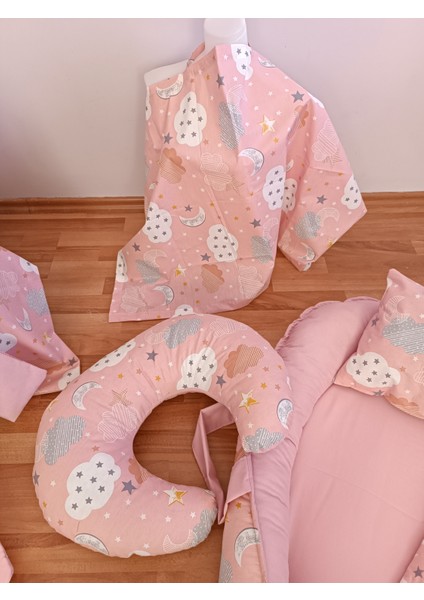Pembe Bulutlu Düz Pudra Oval Yataklı 7 Parça Babynest Seti fiyatları