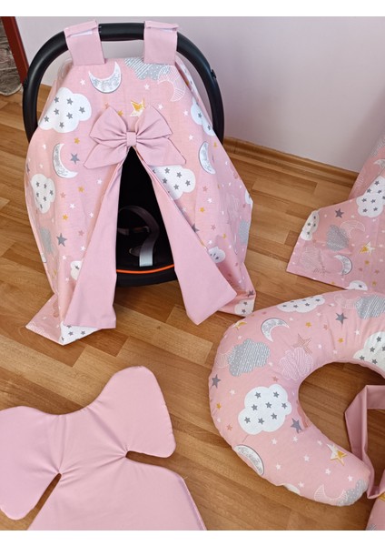 Pembe Bulutlu Düz Pudra Oval Yataklı 7 Parça Babynest Seti modelleri