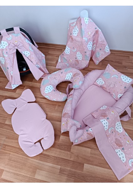 Pembe Bulutlu Düz Pudra Oval Yataklı 7 Parça Babynest Seti fırsatları