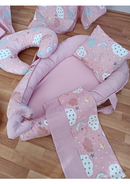 Pembe Bulutlu Düz Pudra Oval Yataklı 7 Parça Babynest Seti indirimleri
