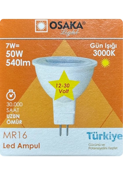 (1 Adet) Osaka 12VOLT 7W (50W) Sarı (3000K) Gu5.3 Duylu (Iğne Bacak) LED Spot Ampul
