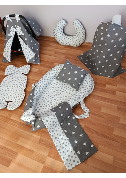 Gri Beyaz Yıldız Oval Yataklı 7 Parça Babynest Seti