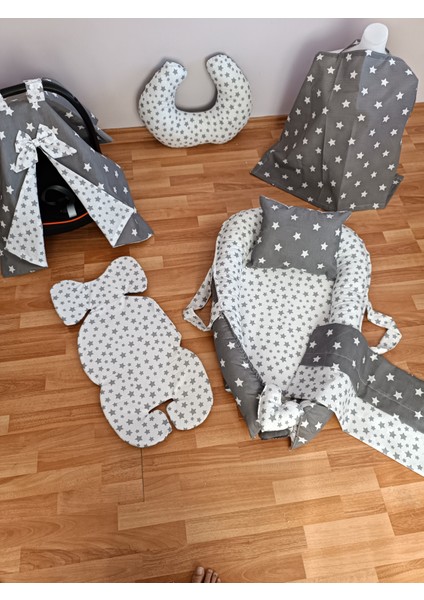 Gri Beyaz Yıldız Oval Yataklı 7 Parça Babynest Seti indirimleri