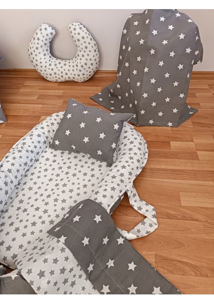 Gri Beyaz Yıldız Oval Yataklı 7 Parça Babynest Seti