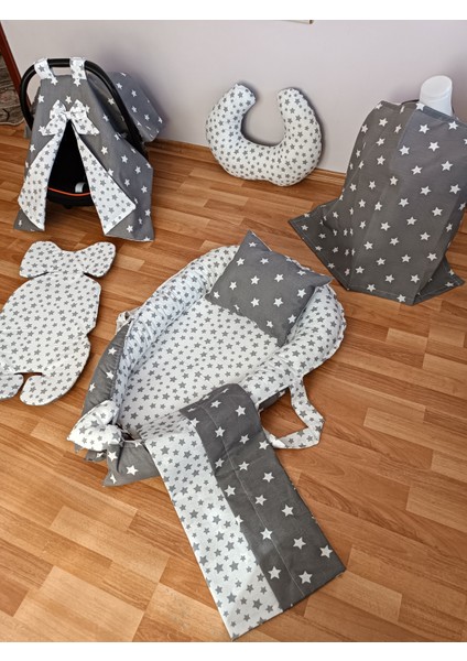 Gri Beyaz Yıldız Oval Yataklı 7 Parça Babynest Seti