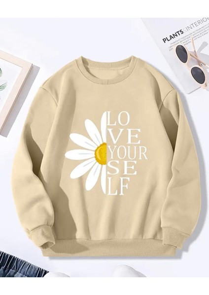 Papatya Baskı Detaylı Bisiklet Yaka Içi Polarlı Sweatshirt