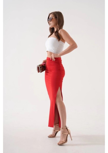 Uzun Yırtmaçlı Ince Kumaş Etek Kırmızı fiyatları