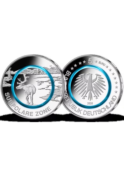 Almanya 5 Euro 2020 F Hatıra-Subpolar Zone-Ren Geyiği. Şeffaf Mavi Halkalı. Çil.