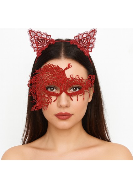 Alevin Zarafeti Kırmızı Dantel Maske ve Taç Seti 4 No – Kadın Kostüm Tamamlayıcı (4989)