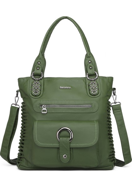 Barcelona Günlük Büyük ve Çok Cepli Kadın Omuz Çantası Uzun Askılı 1822 Koyu Yeşil