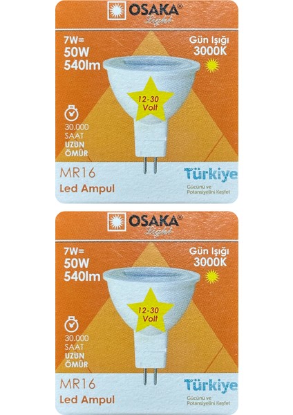 (2 Adet) Osaka 12VOLT 7W (50W) Sarı (3000K) Gu5.3 Duylu (Iğne Bacak) LED Spot Ampul