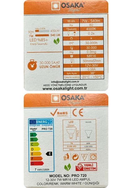(2 Adet) Osaka 12VOLT 7W (50W) Sarı (3000K) Gu5.3 Duylu (Iğne Bacak) LED Spot Ampul fırsatları