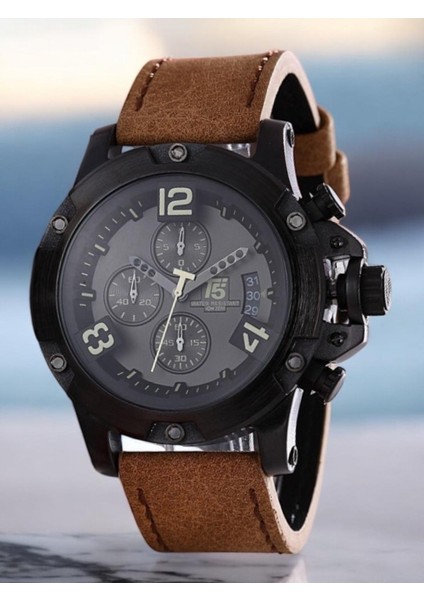 Erkek Kol Saati – Siyah Kasa – Kahverengi Deri Kordon – Kronograf & Takvim – Su Geçirmez