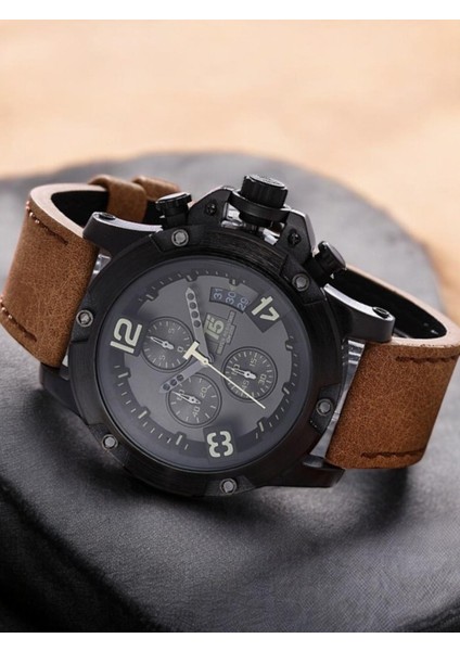 Erkek Kol Saati – Siyah Kasa – Kahverengi Deri Kordon – Kronograf & Takvim – Su Geçirmez fiyatları