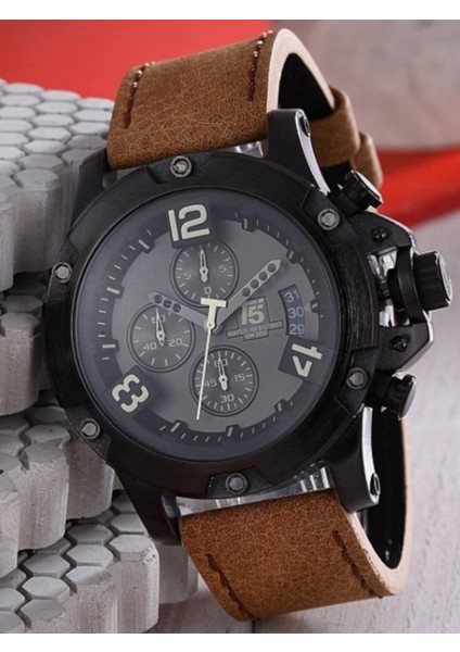 Erkek Kol Saati – Siyah Kasa – Kahverengi Deri Kordon – Kronograf & Takvim – Su Geçirmez modelleri