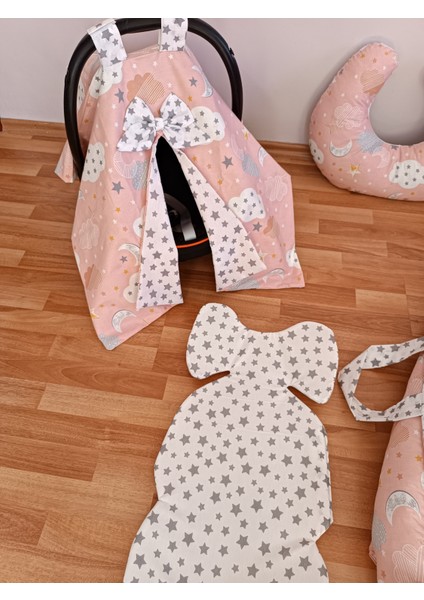 Pembe Bulutlu Yıldız Oval Yataklı 7 Parça Babynest Seti