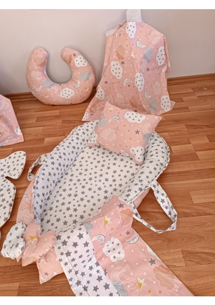 Pembe Bulutlu Yıldız Oval Yataklı 7 Parça Babynest Seti modelleri