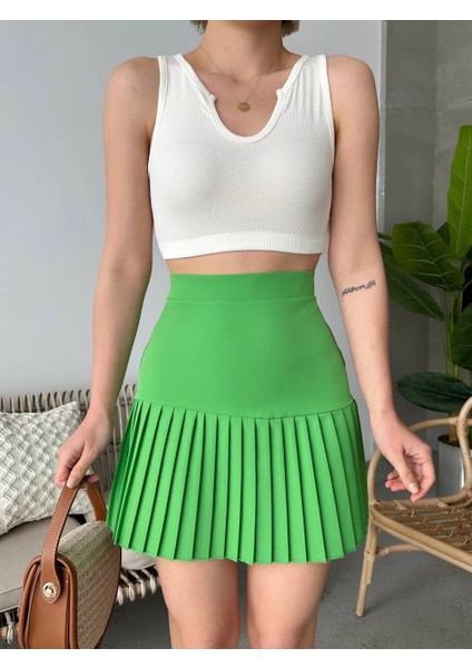 Altı Pliseli Mini Etek Yeşil S24705