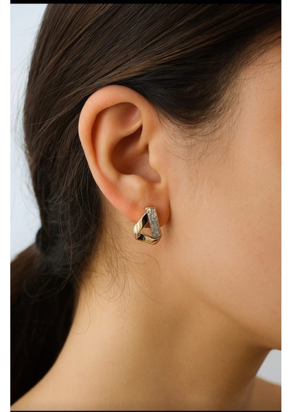 Kadın Çelik Zirkon Taşlı Küpe Gold