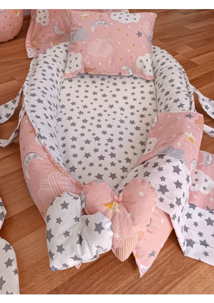 Pembe Bulutlu Yıldız Oval Yataklı 7 Parça Babynest Seti fırsatları