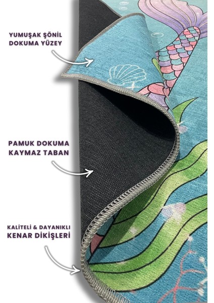 Denizkızı Figürlü Halı Dijital Baskılı Pamuk Dokuma Kaymaz Tabanlı Yıkanabilir Antialerjik Genç Kız Odası Halısı indirimleri