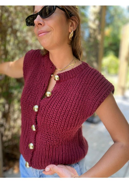 Kadın Örgü Yelek Bordo Salaş Süveter Bluz El Örgüsü