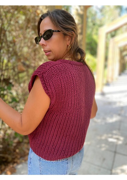 Kadın Örgü Yelek Bordo Salaş Süveter Bluz El Örgüsü fiyatları