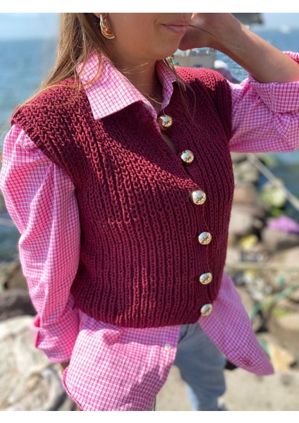 Kadın Örgü Yelek Bordo Salaş Süveter Bluz El Örgüsü indirimleri