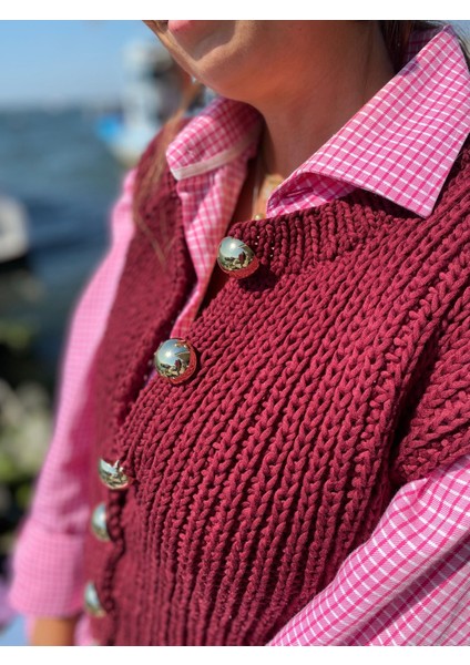 Kadın Örgü Yelek Bordo Salaş Süveter Bluz El Örgüsü
