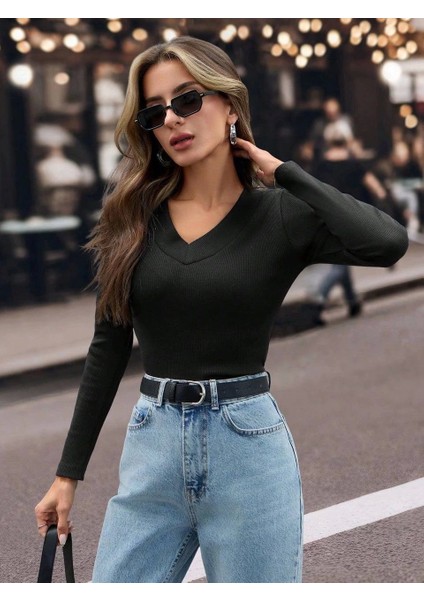 V Yaka Kaşkorse Bluz Siyah W3817