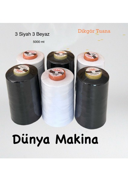Dünya Makina Dikgör Tuana NO:120 Siyah Beyaz Dikiş İpliği 5000 mt 6 Adet (3 Ad Siyah 3 Ad Beyaz)