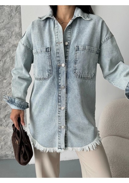 Cepli Püsküllü Kar Yıkama Kot Ceket Mavi D2515 indirimleri