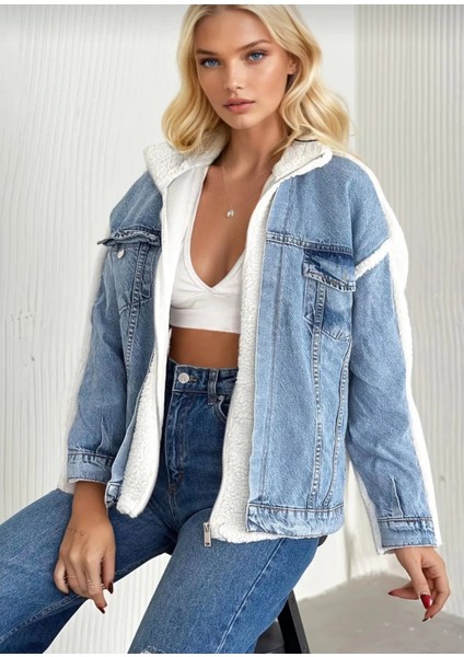 Kürklü Kot Ceket Mavi T7009
