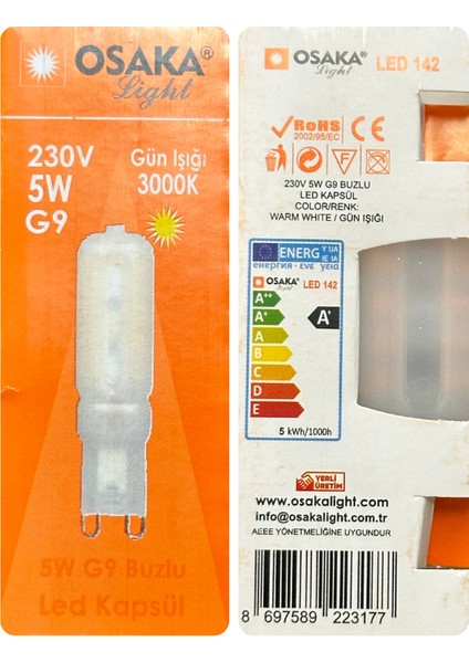 (4 adet) Osaka buzlu 5W Sarı Işık (3000K) G9 Duylu LED Kapsül Ampul modelleri
