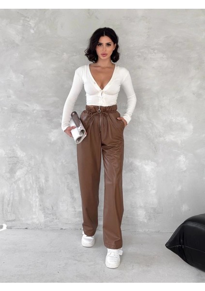 Kendinden Ince Kemerli Deri Pantolon Kahve T1178